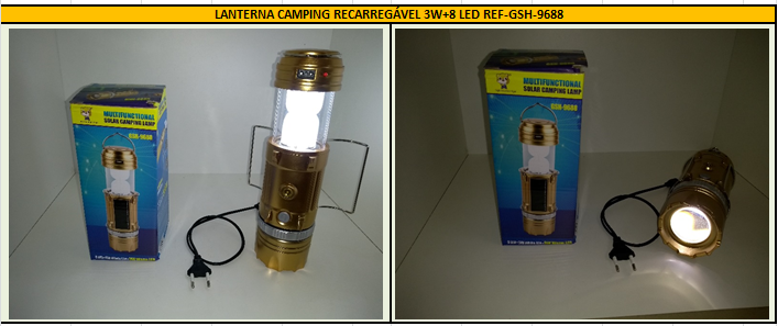 LANTERNA CAMPING RECARREGÁVEL 3W+8 LED REF: GSH9688.  #3729 | #casa
